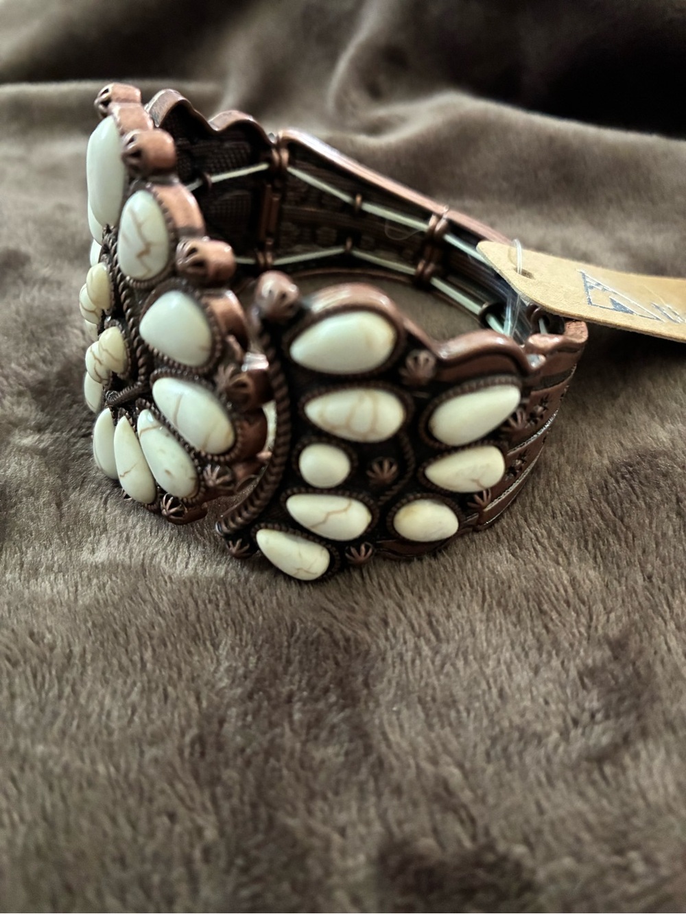 Copper Cuff Stretch Bracelet with Cream White Stones - Women Jewelry - Picture 4 of 5